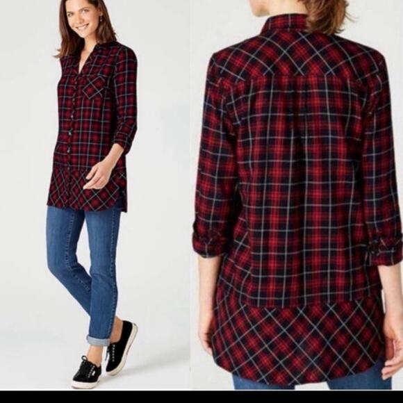 J. Jill Tops - J. Jill Christmas Holiday Red Plaid Tunic Button Up Shirt